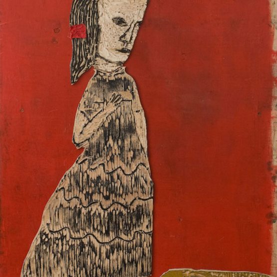 Anne Kampmann - Rødt hårbånd- Tresnitt trykkplate. 75 x 153 cm
